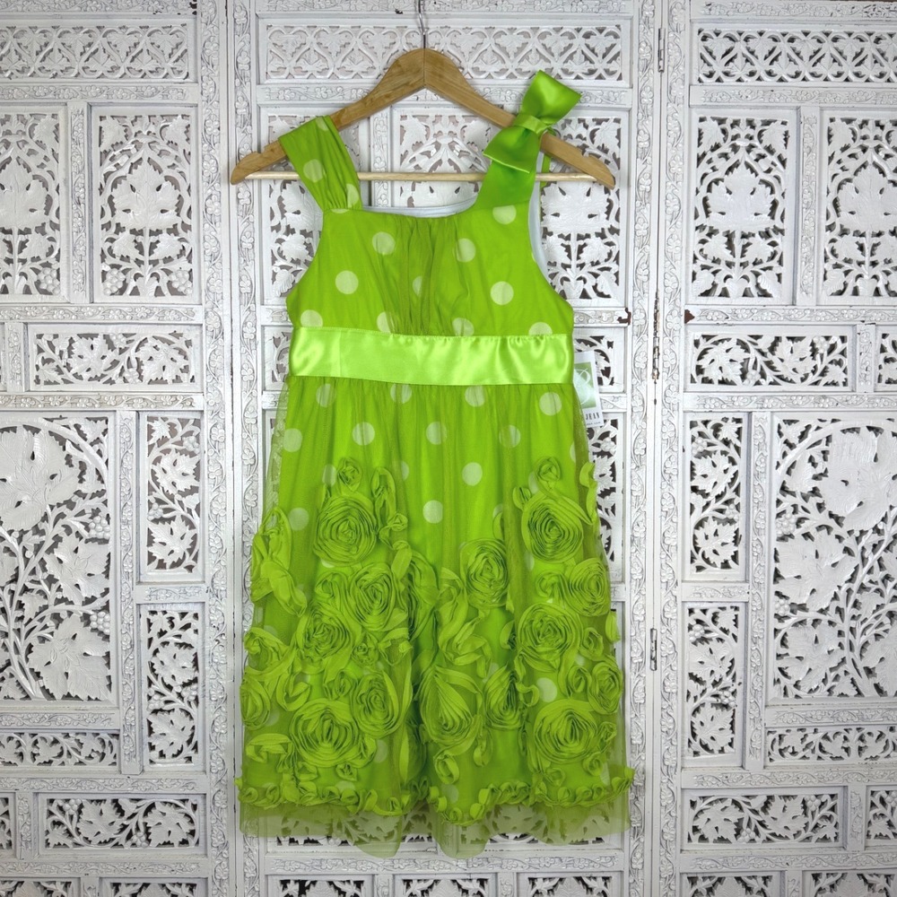 Bonnie Jean Lime Green Polka Dot Floral Dress‎ Girls 14 Occassion Event Tie Back
